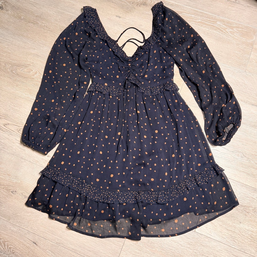LUMIERE Navy Blue Polka Dot Lace Up Ruffle Mini Dress Womens Small S